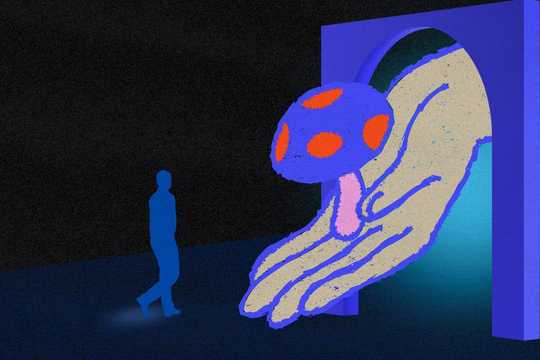 Early trauma. A surreal scene shows a blue-toned human silhouette facing a large, stylized mushroom emerging from a doorway, set against a dark background with vivid purples, blues, and bright red accents.