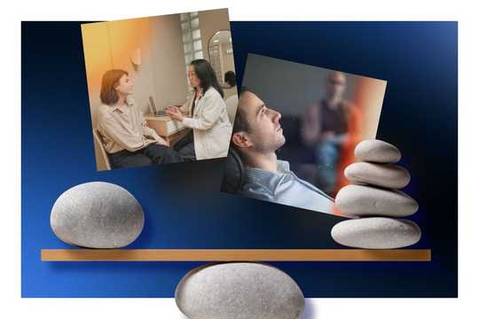 Psychedelic therapy clinics. A stylized composition of a wooden balance beam with smooth stacked stones, overlaid with warm-toned therapy scenes against a deep blue gradient background, suggesting balance and care.