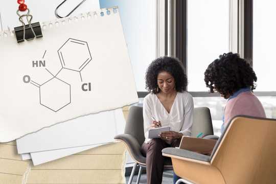 A therapist takes notes during a counselling session while an illustration of the ketamine molecular structure appears overlaid on torn notebook paper, representing ketamine-assisted therapy.